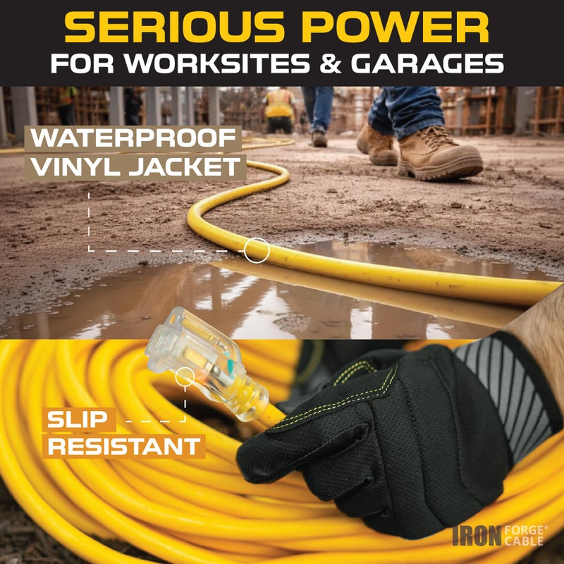 IRON FORGE CABLE 25 ft Lighted Outdoor Extension Cord - 12/3 SJTW Heavy Duty Yellow Extension Cable Extension Cable with 3 Prong Grounded Plug for Safety, 15AMP -Great for Garden and Major Appliances - Image 2